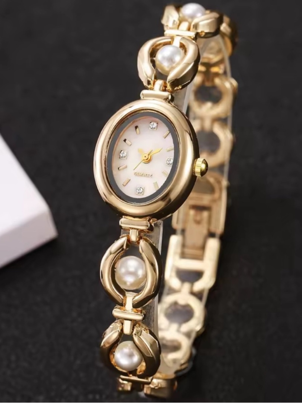 Gold Pearl Accent Women's Bracelet Watch